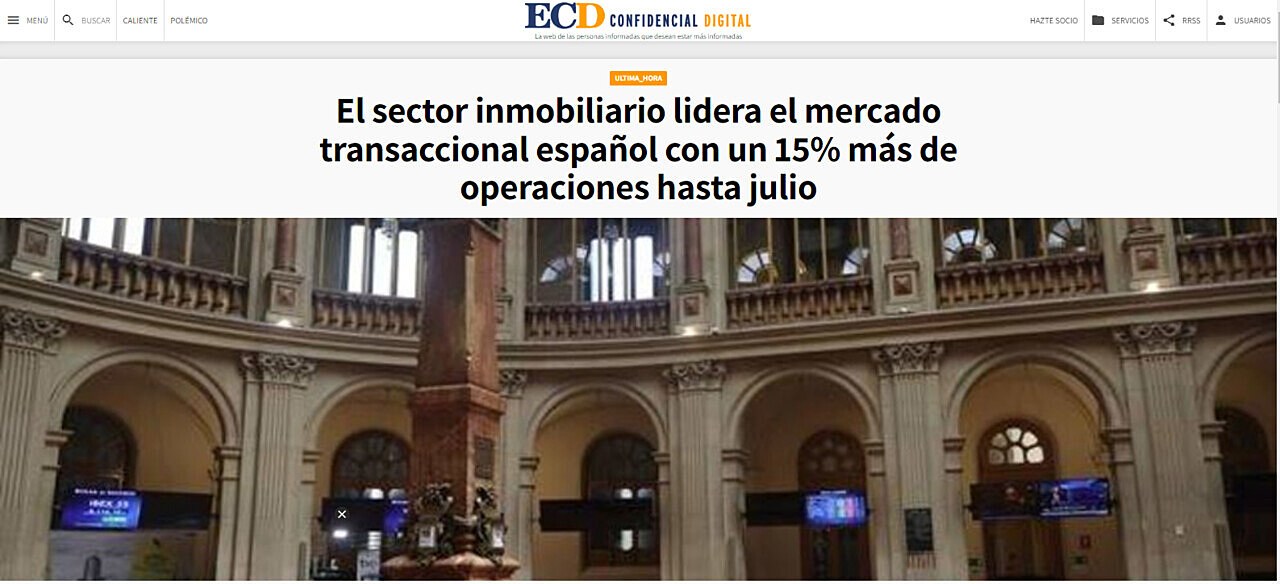 El sector inmobiliario lidera el mercado transaccional espaol con un 15% ms de operaciones hasta julio